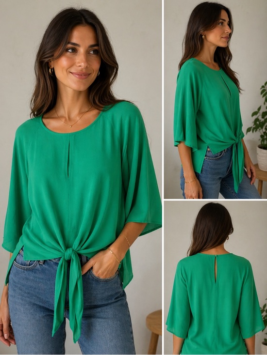 Chenault Tops - Chenault Green Tie Front Blouse Women’s Large Flowy 3/4 Sleeve Lightweight Top